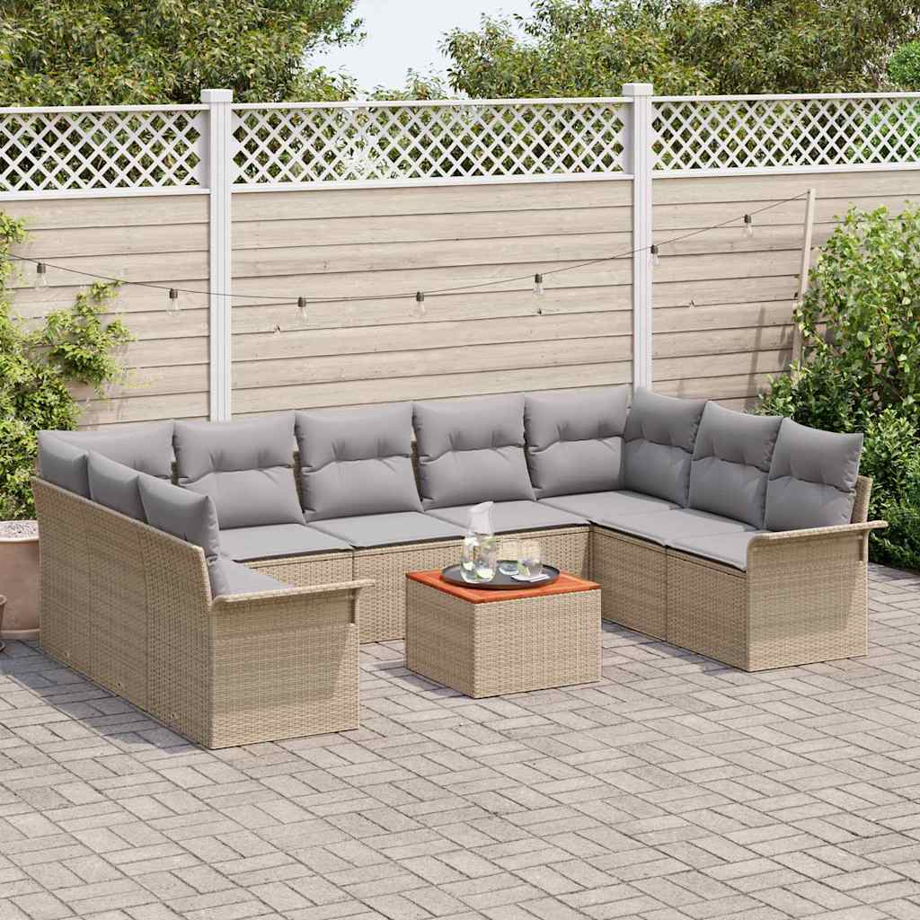10-teilige Garten Sofa Set mit Kissen Beige Poly Rattan Akazie