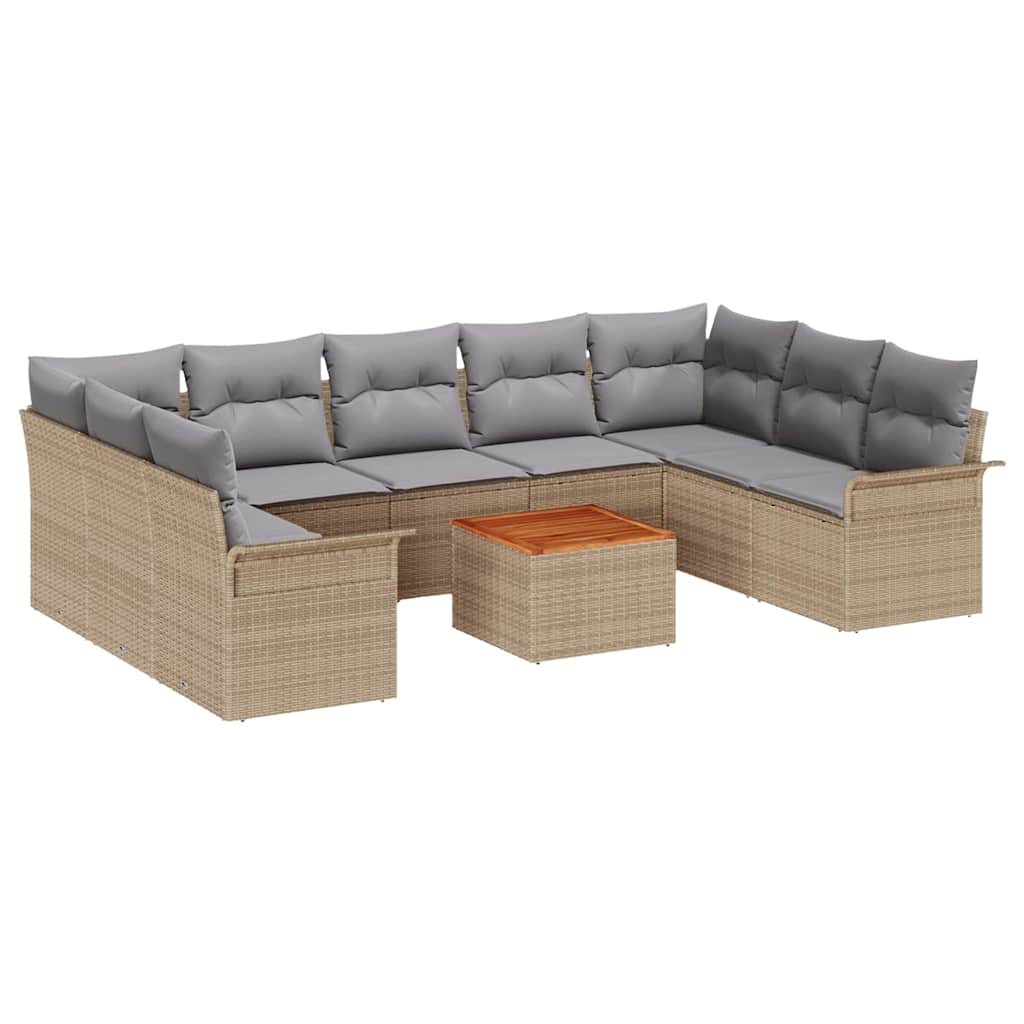 10-teilige Garten Sofa Set mit Kissen Beige Poly Rattan Akazie