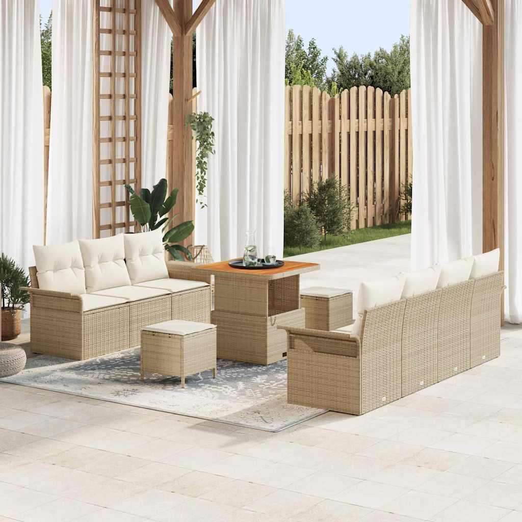 10 teiliges Garten Sofa Set mit Kissen Beige Poly Rattan Akazie