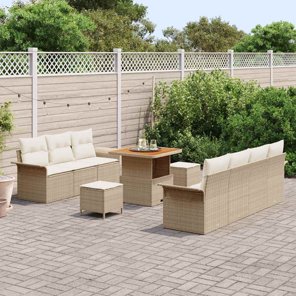 10 teiliges Garten Sofa Set mit Kissen Beige Poly Rattan Akazie