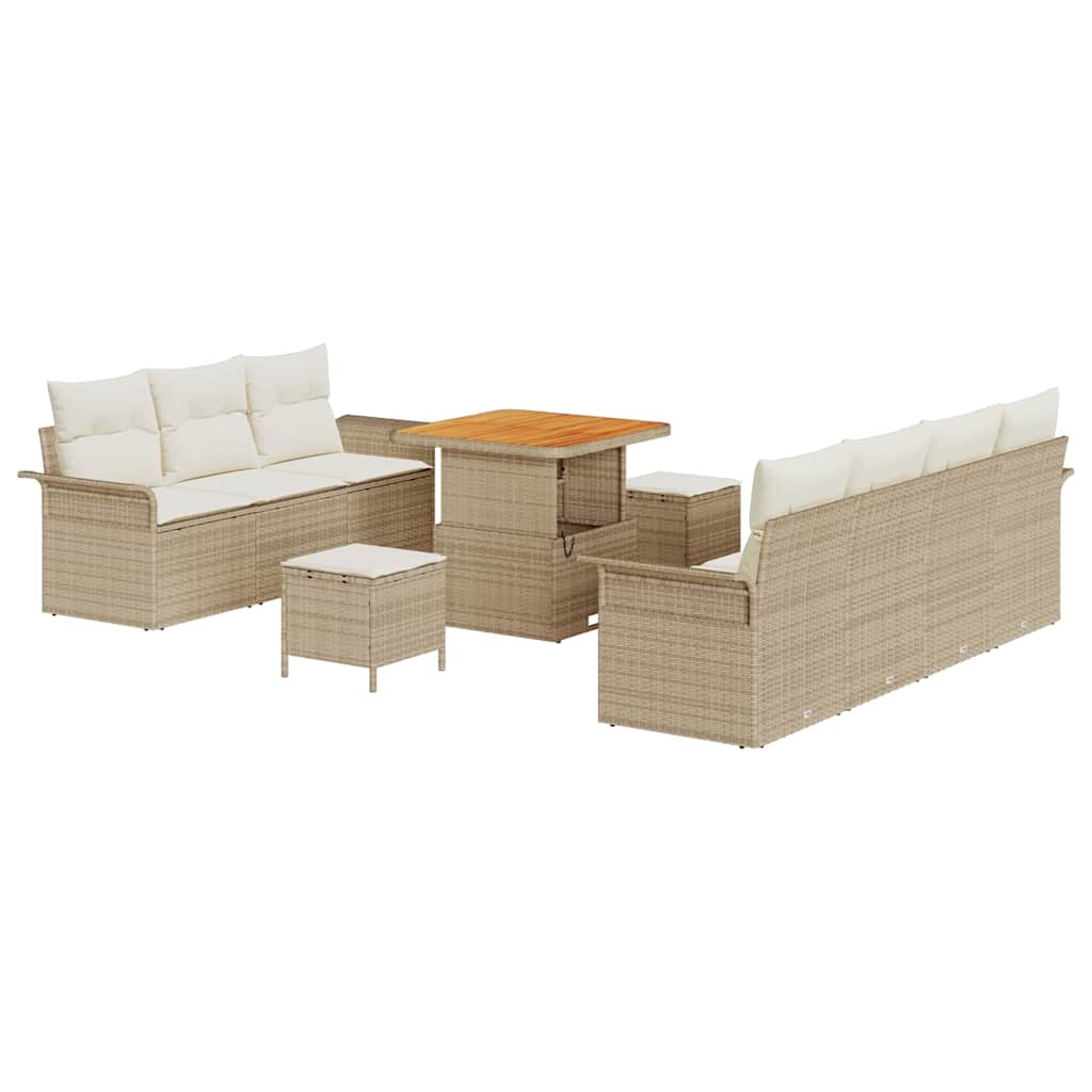 10 teiliges Garten Sofa Set mit Kissen Beige Poly Rattan Akazie