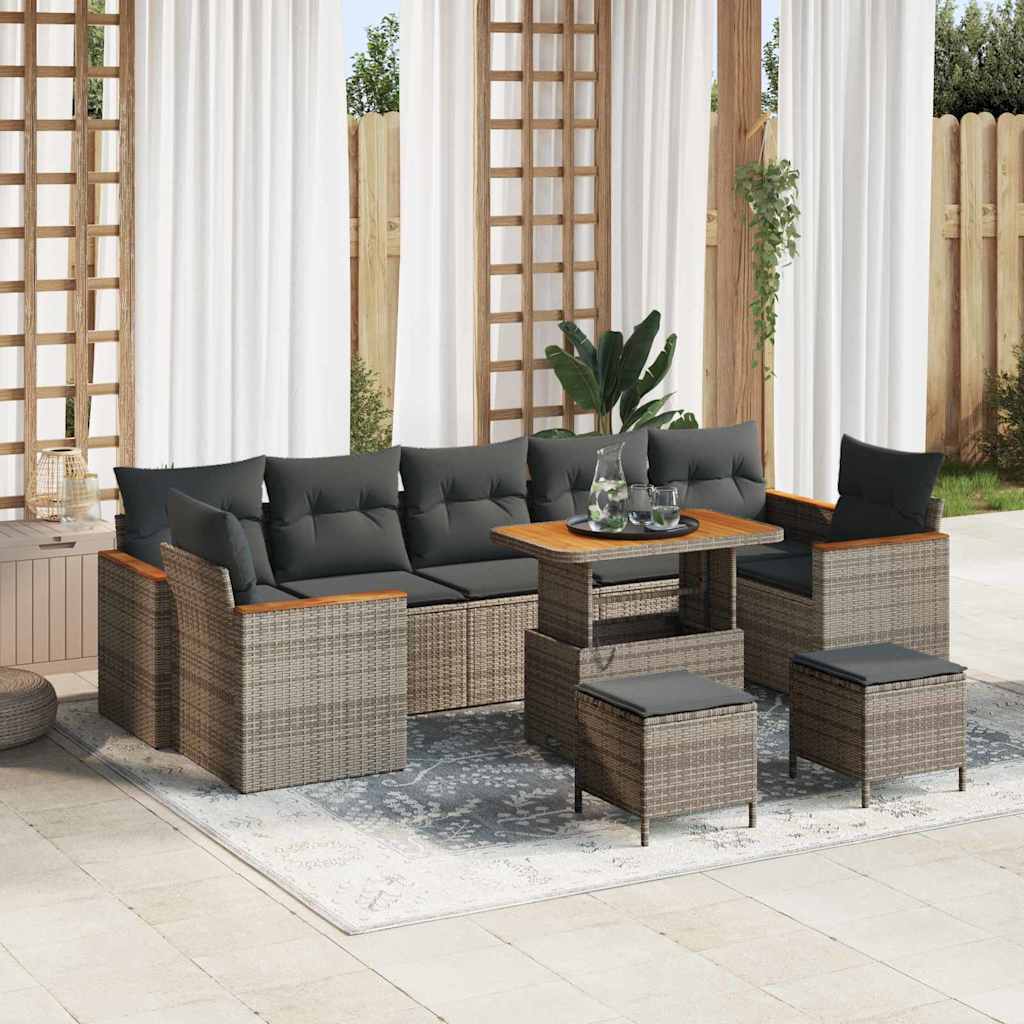 10 teiliges Garten Sofa Set mit Kissen Grau Poly Rattan Akazie