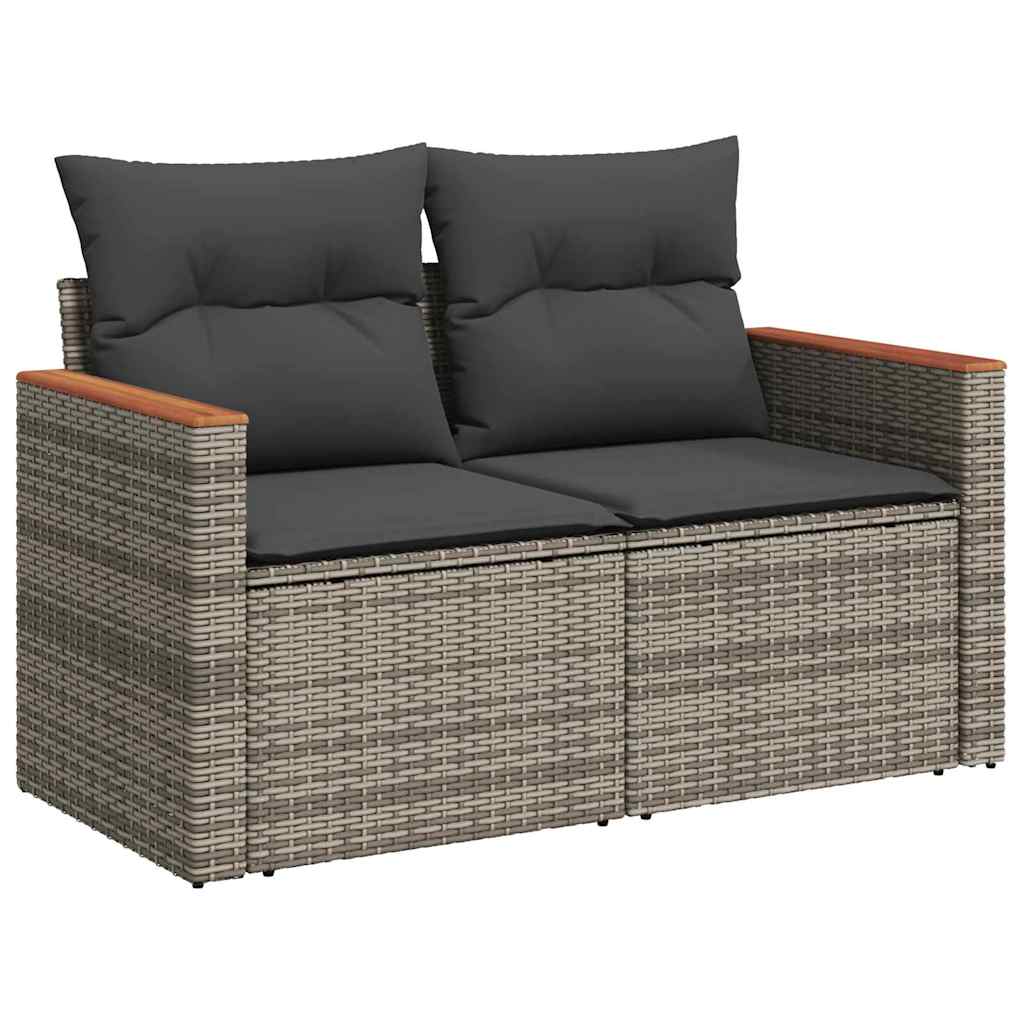 10 teiliges Garten Sofa Set mit Kissen Grau Poly Rattan Akazie
