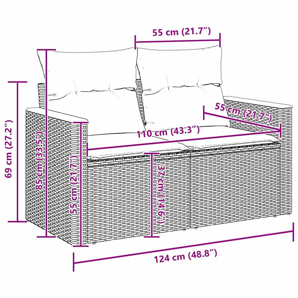 10 teiliges Garten Sofa Set mit Kissen Grau Poly Rattan Akazie