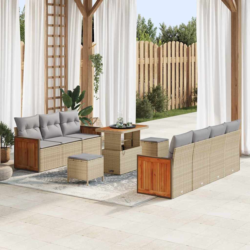 10-teilige Garten Sofa Set mit Kissen Beige Poly Rattan Akazie