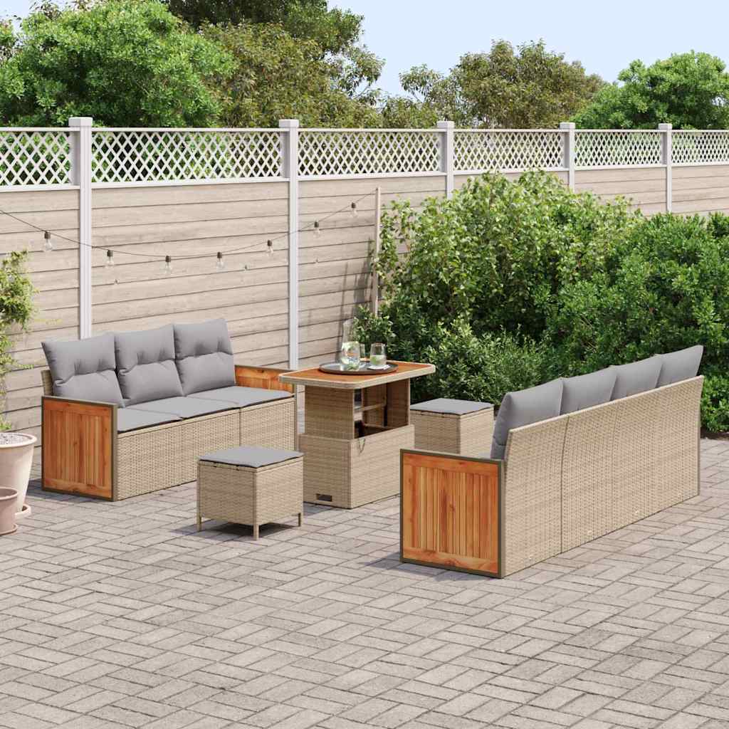 10-teilige Garten Sofa Set mit Kissen Beige Poly Rattan Akazie
