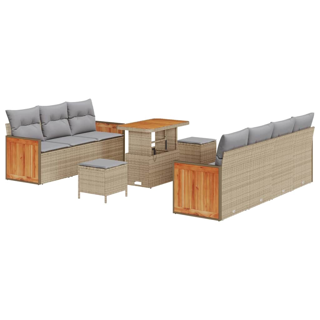 10-teilige Garten Sofa Set mit Kissen Beige Poly Rattan Akazie