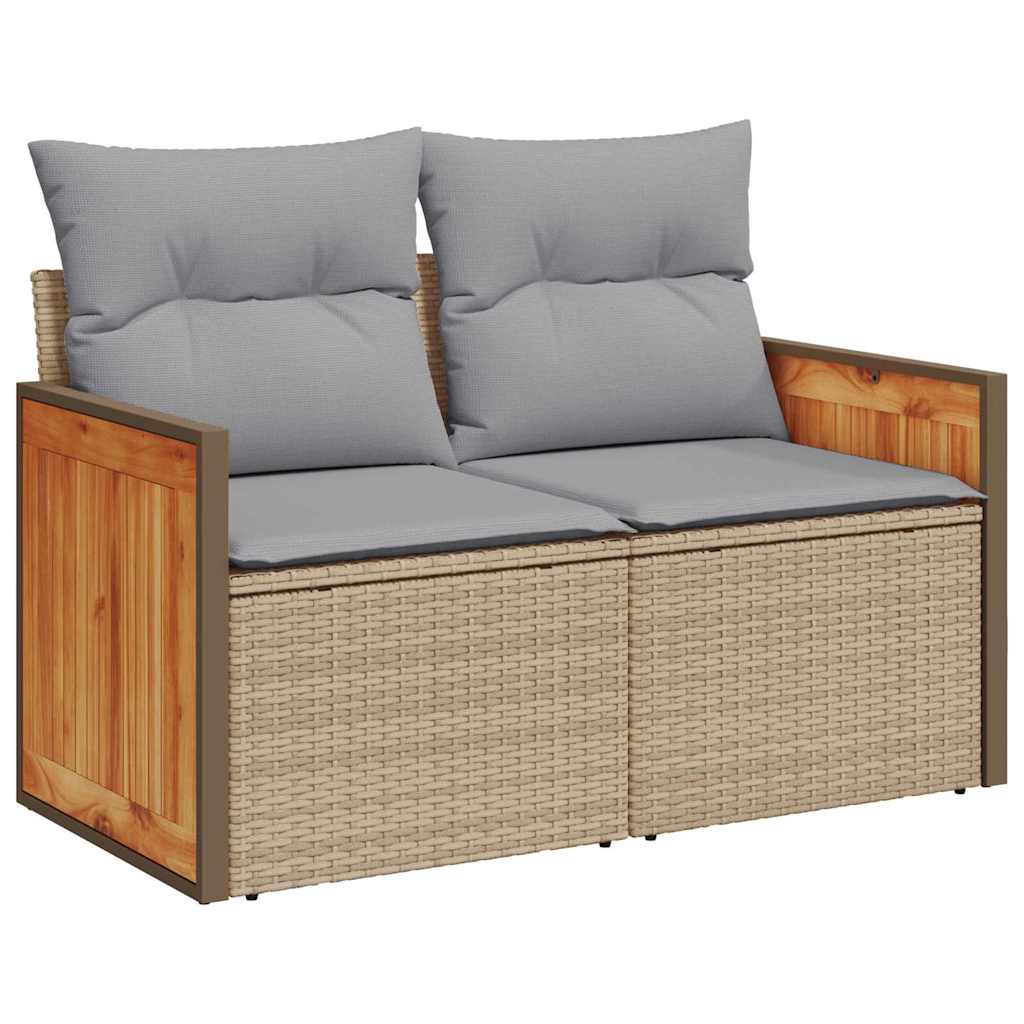 10-teilige Garten Sofa Set mit Kissen Beige Poly Rattan Akazie